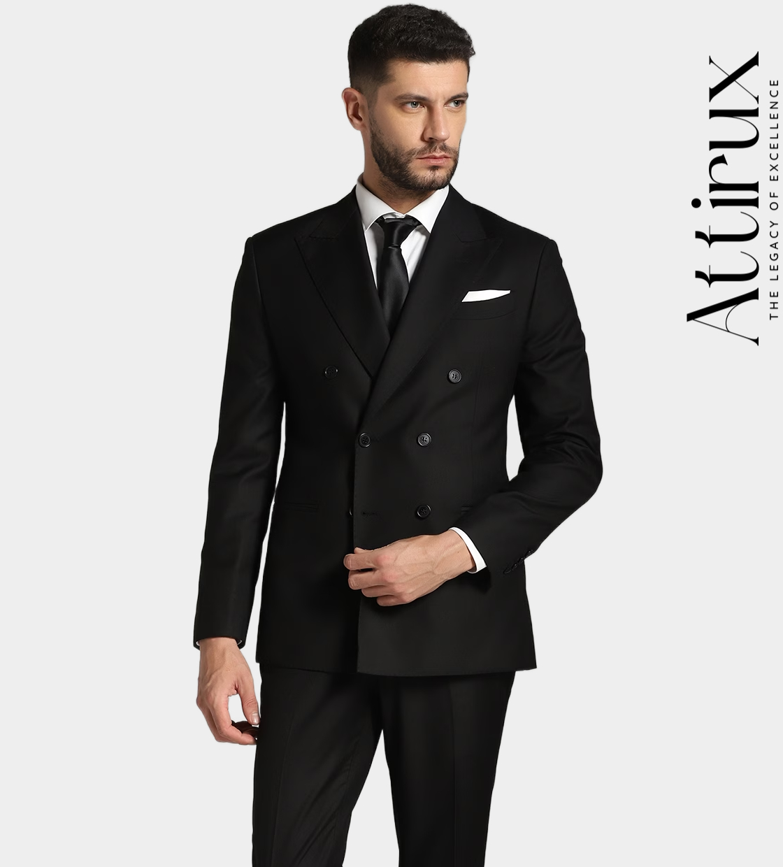 Black Poly-Wool Double-Breasted Suit for Men | Black Double Breasted Suit