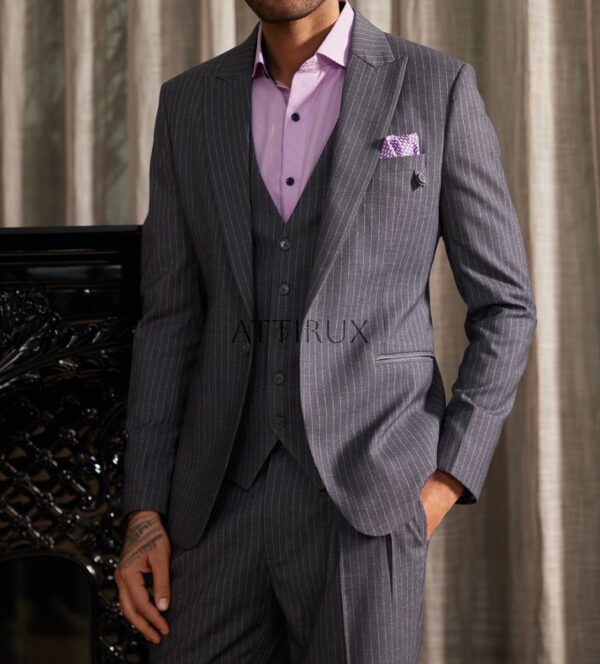 Grey Pinstripe Three Piece Suit for Men by Attirux - 3 Piece Suit