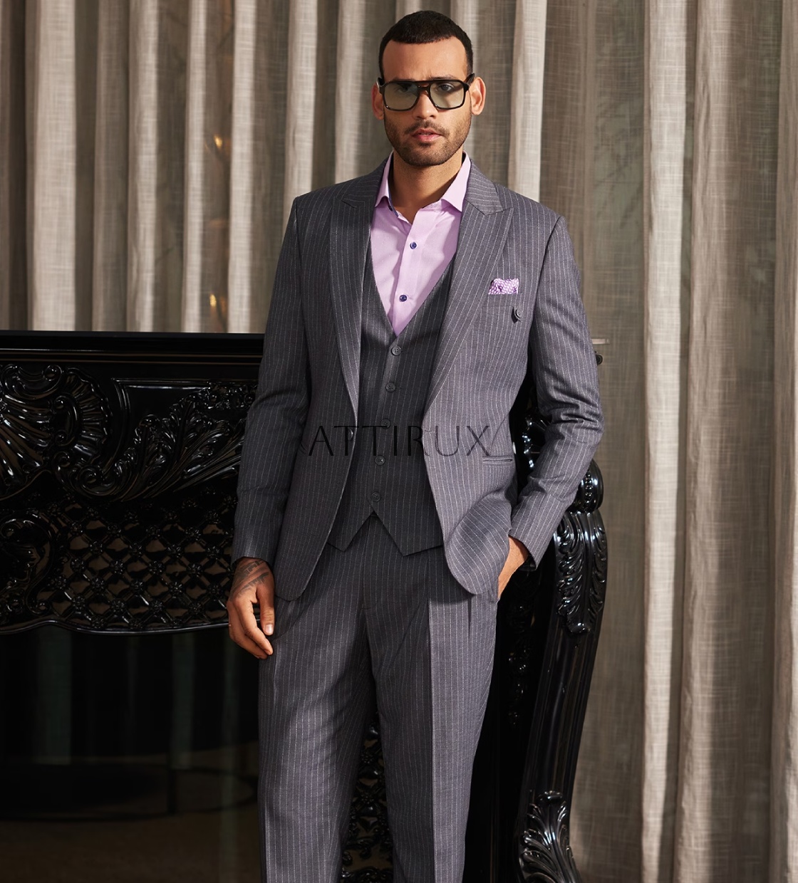 Grey Pinstripe Three Piece Suit for Men by Attirux - 3 Piece Suit