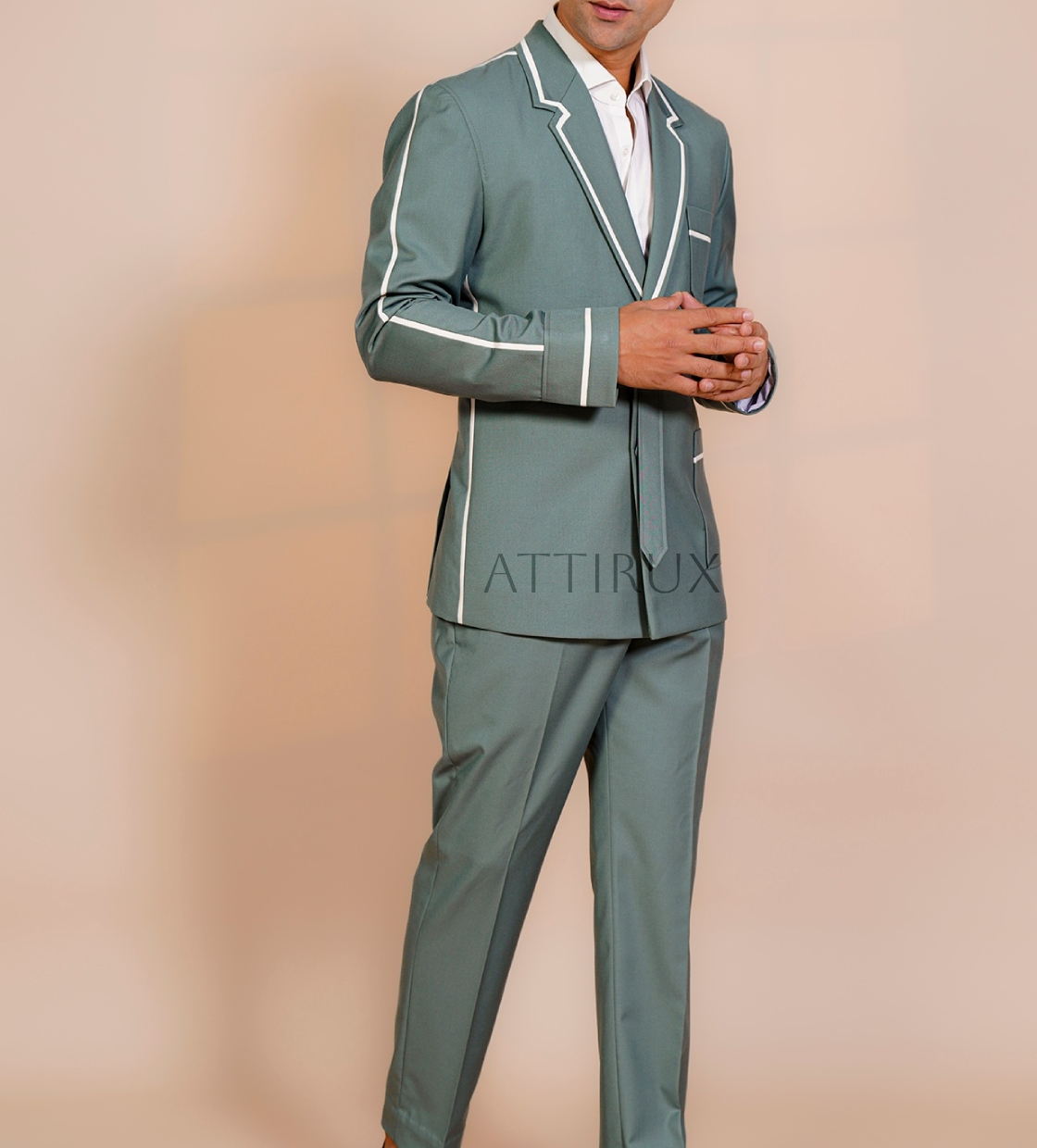 Sea Green Double Breasted Two Piece Suit for Men by Attirux 1