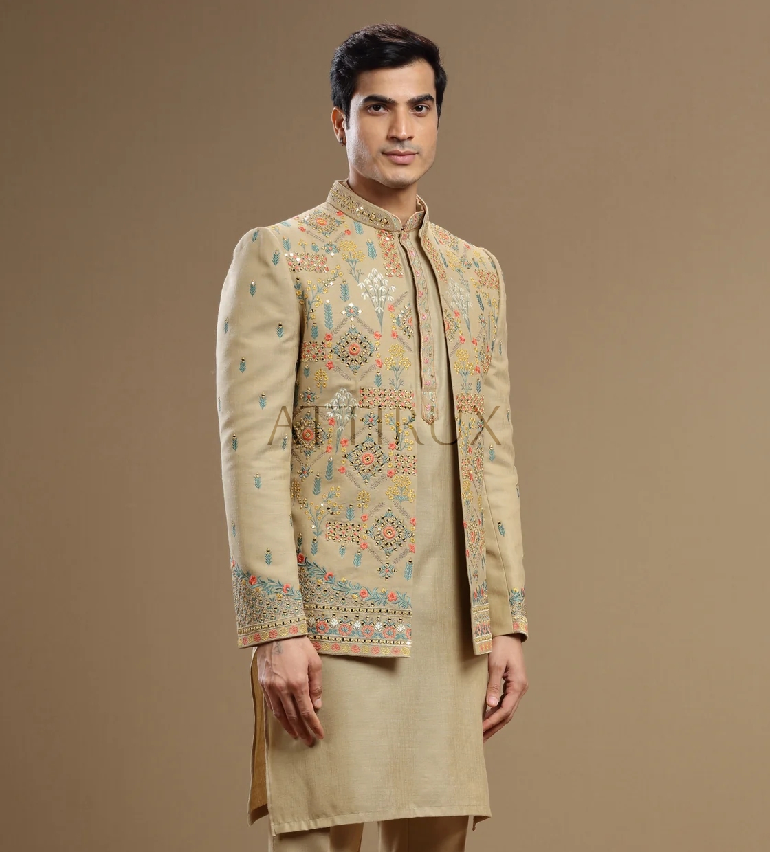 Beige Open Front Prince Coat with Kurta Pajama Online in USA