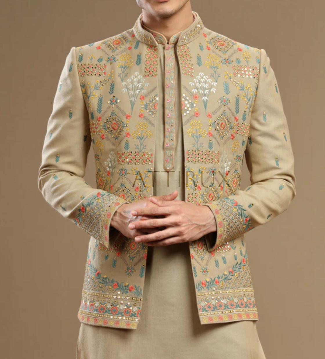 Beige Open Front Prince Coat with Kurta Pajama _ Prince Coat for Men