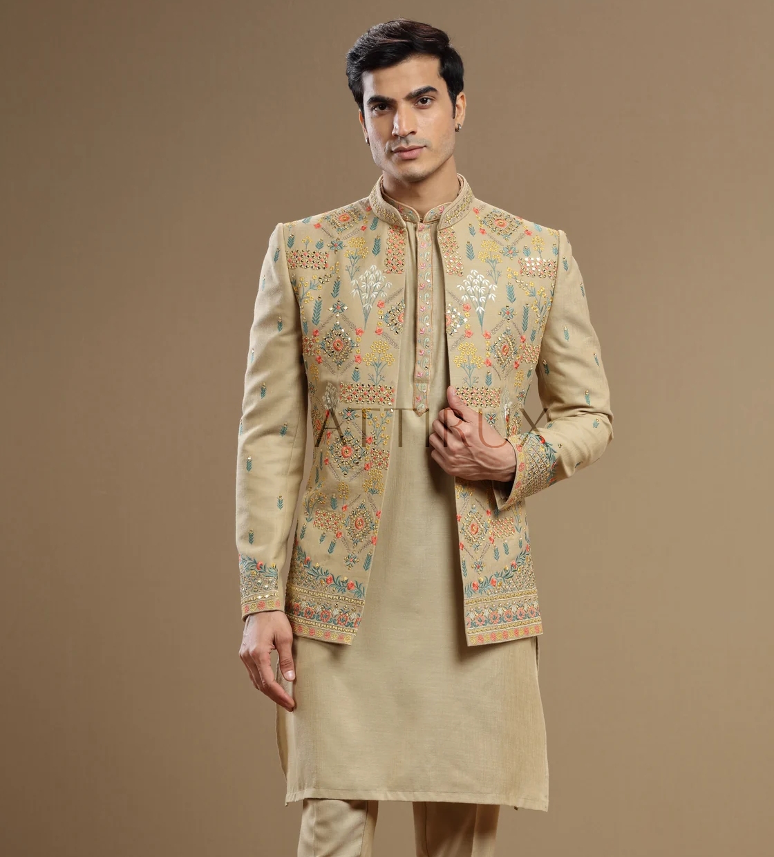 Beige Open Front Prince Coat with Kurta Pajama