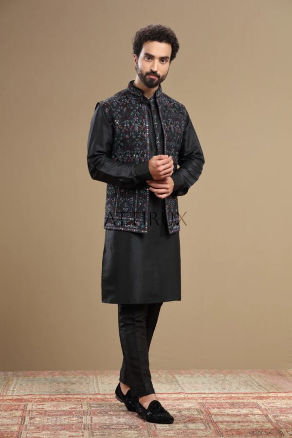 Black Designer Waistcoat with Black Kurta Pajama for Men - Buy Online in USA