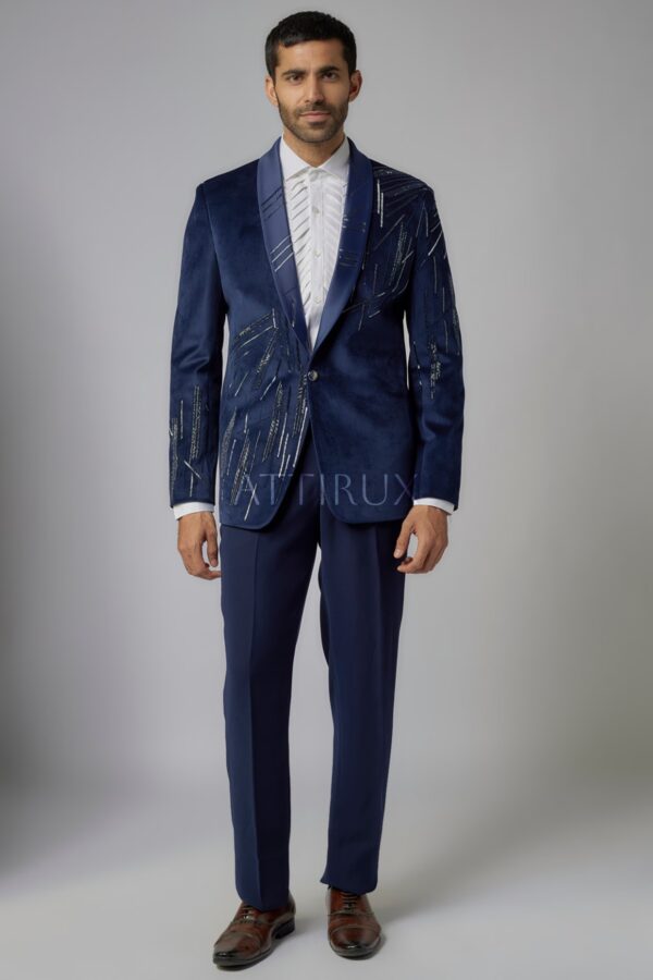 Blue Velvet Hand Embroidered Tuxedo Suit - Groom Tuxedo Suit in USA