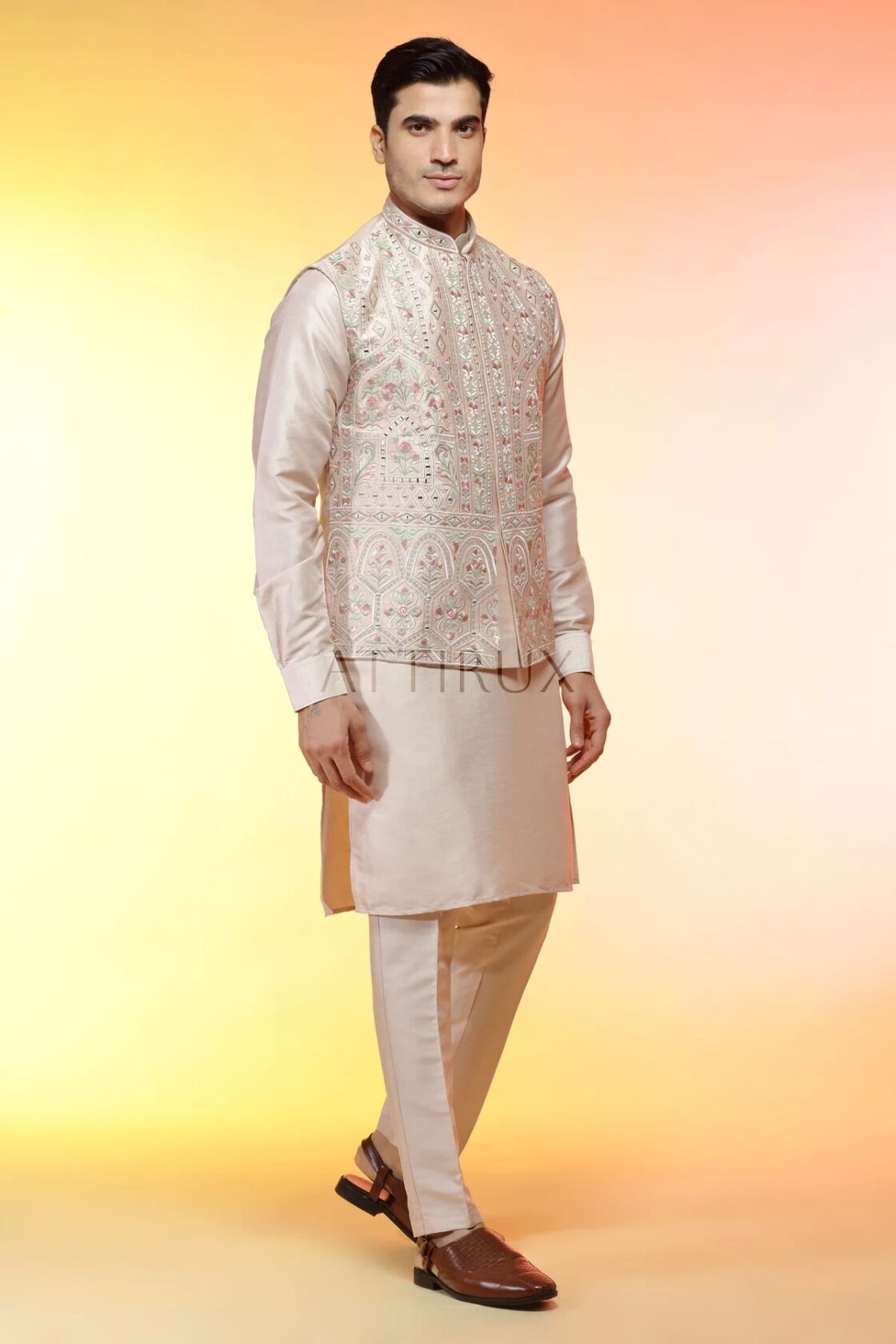 Fully Embroidered Cream Silk Waistcoat - Designer Waistcoat for Men