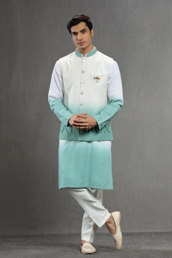 Ivory Blue Sequin Waistcoat with Kurta Pajama