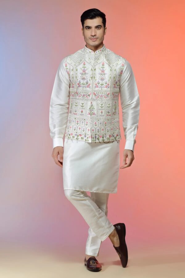 Ivory Silk Waistcoat with Kurta Pajama - Mehndi Waistcoat for Men