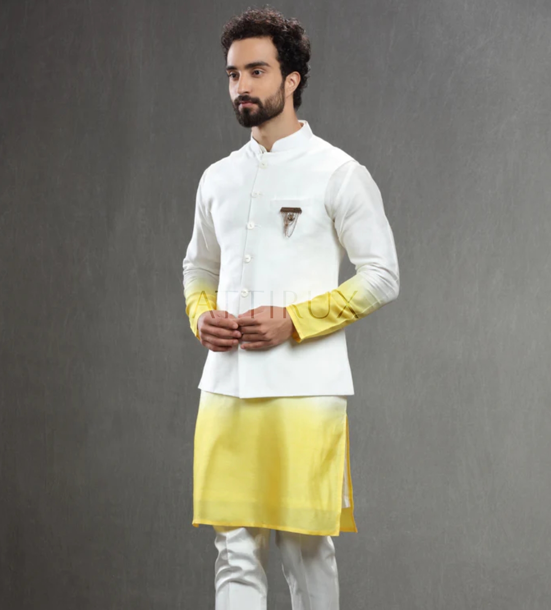 Ivory Waistcoat with Ombre Kurta Pajama - Mehndi Waistcoat